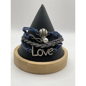 Layered Love Baseball Bracelet Pearl Charm Chain Blue Gray Faux Leather